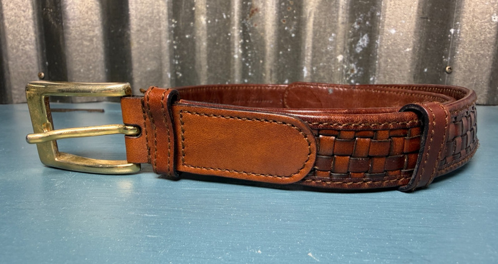 VTG Cole Haan Mens Brown Leather Woven Belt Solid Brass Buckle Italy Size 28